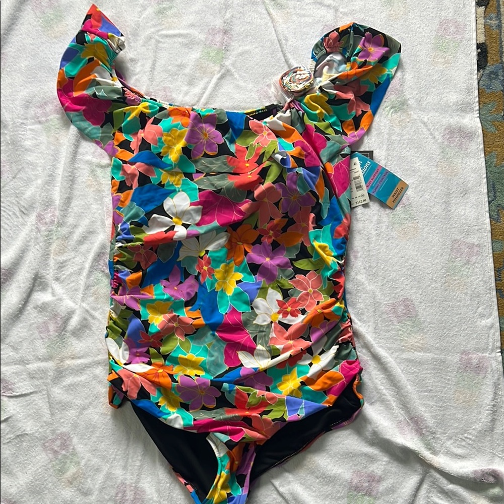 Swim Solutions Floral Multicolor One-Piece Swimsuit size 24W, NWT